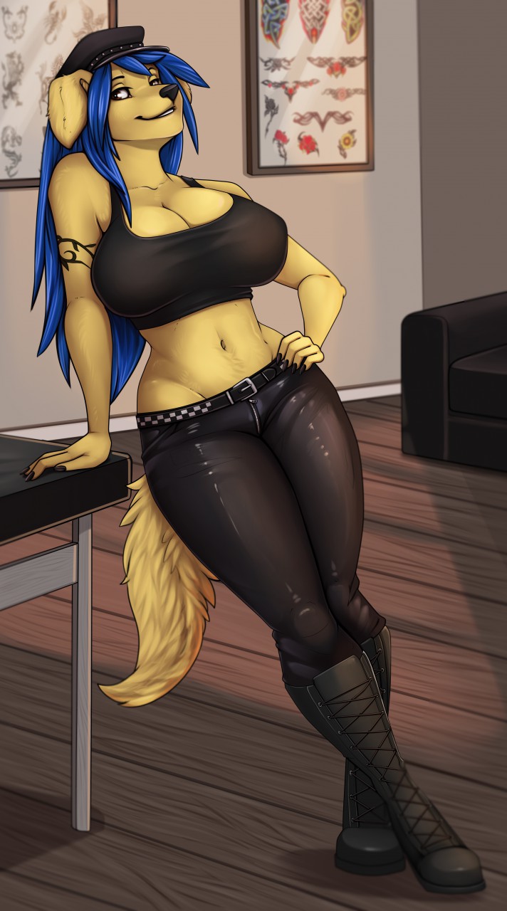 anthro big_breasts boots breasts canine clothing female footwear hair hat inside mammal robyn_paperdoll smile solo standing tight_clothing voluptuous wide_hips