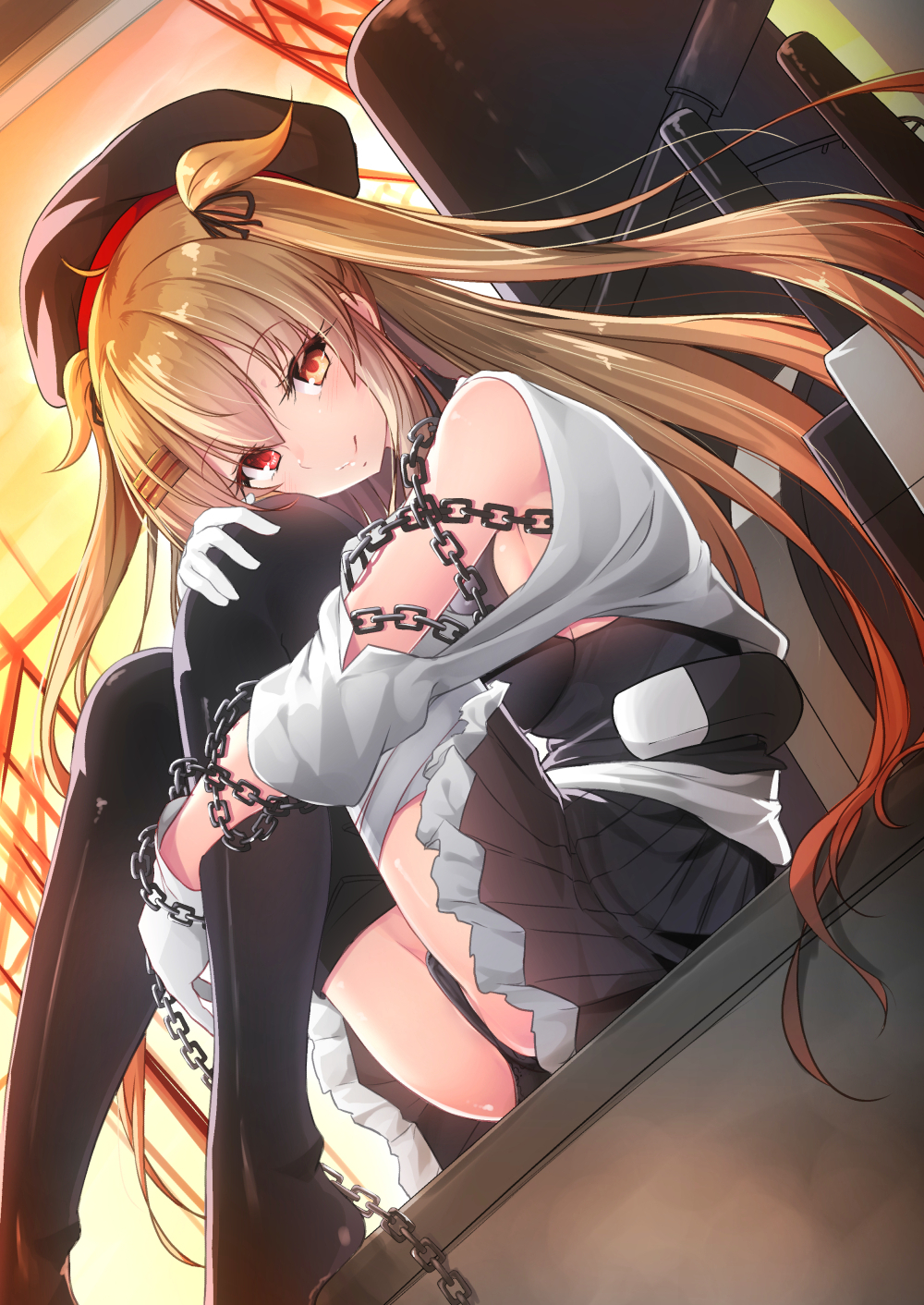 ass asymmetrical_legwear beret black_hat black_legwear black_panties black_serafuku black_skirt blonde_hair breasts chain closed_mouth desk dutch_angle frilled_skirt frills hair_between_eyes hair_ornament hairclip hat heterochromia highres holding_legs indoors inu3 kantai_collection large_breasts long_hair looking_at_viewer murasame_(kantai_collection) no_shoes on_desk orange_eyes panties pleated_skirt red_eyes remodel_(kantai_collection) rigging school_uniform serafuku sideboob sitting skirt smile smokestack solo sunset thighhighs two_side_up underwear very_long_hair window
