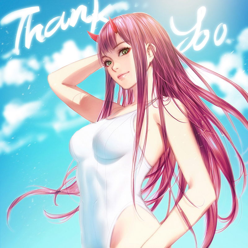 aqua_eyes breasts closed_mouth cloud collarbone commentary darling_in_the_franxx day eyeshadow from_below green_eyes hair_tucking hand_behind_head horns makeup medium_breasts nudtawut_thongmai oni_horns outdoors pink_hair red_horns shiny shiny_hair sky straight_hair thank_you zero_two_(darling_in_the_franxx)