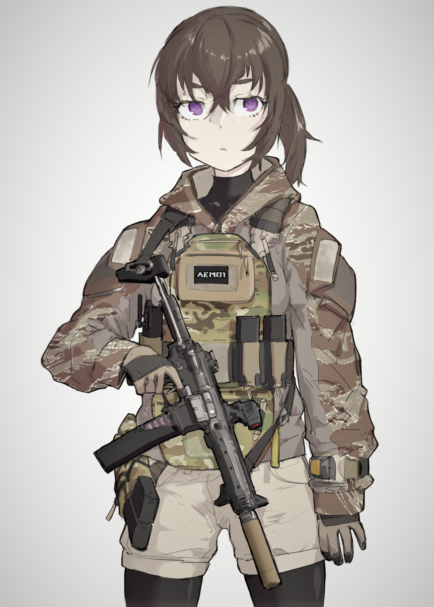 alma01 bandolier bangs black_legwear black_shirt brown_gloves brown_hair brown_jacket camouflage_jacket closed_mouth collarbone commentary_request gloves grey_background grey_shorts gun hair_between_eyes highres holding holding_gun holding_weapon jacket long_hair long_sleeves looking_at_viewer military military_jacket original pantyhose purple_eyes shirt short_shorts shorts simple_background solo suppressor tigerstripe_(camo) trigger_discipline weapon weapon_request