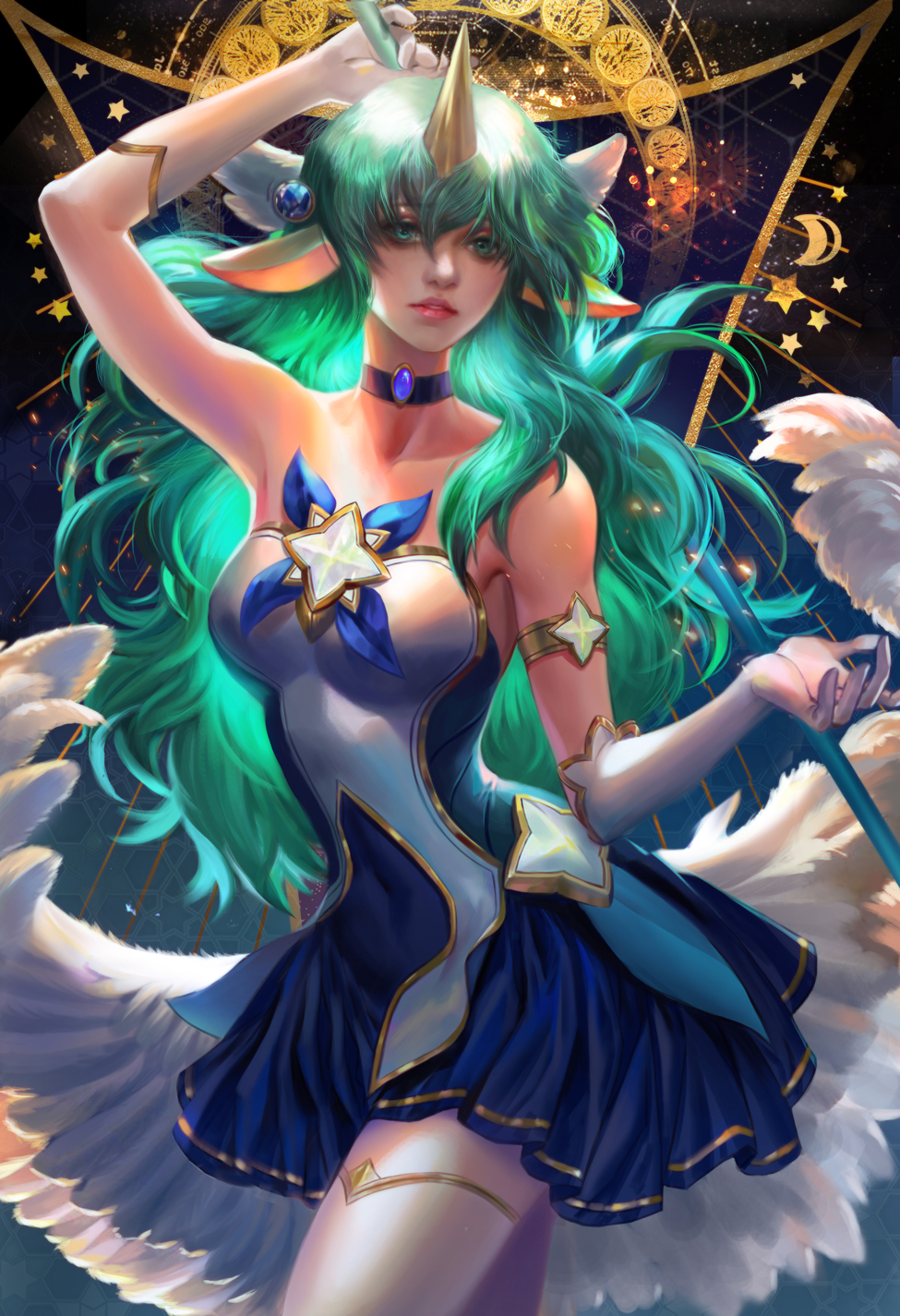alternate_costume animal_ears armlet bare_shoulders blue_dress breasts choker commentary dress elbow_gloves english_commentary feathered_wings gloves green_eyes green_hair hair_ornament highres horn league_of_legends lips long_hair low_wings magic_circle magical_girl medium_breasts nose soraka staff star_guardian_soraka strapless strapless_dress thighhighs white_gloves white_legwear wings yang_fan zettai_ryouiki