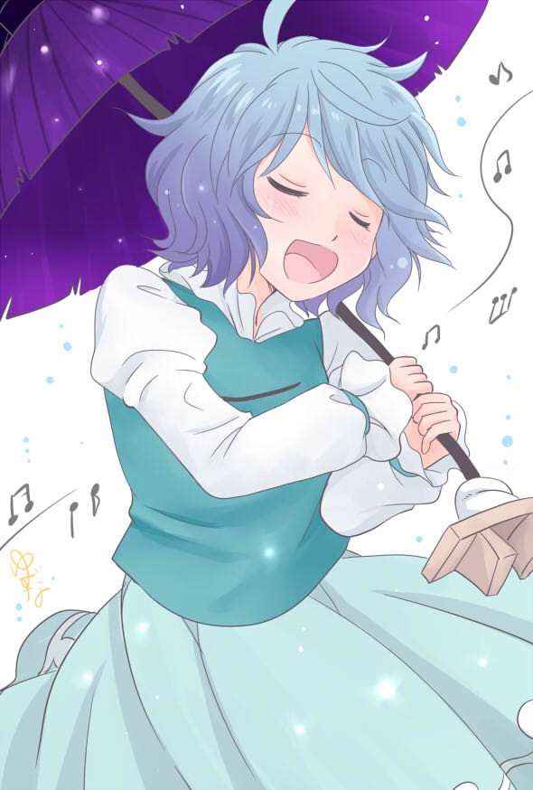 blue_hair blue_shirt blue_skirt closed_eyes holding holding_umbrella messy_hair music musical_note shirt short_hair singing skirt smile solo tatara_kogasa touhou umbrella yuzuna99