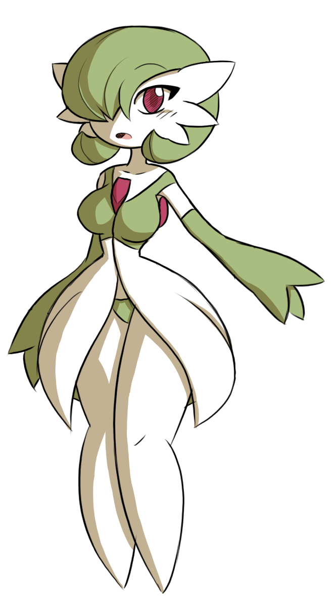 1girl blush breasts collarbone eyebrows_visible_through_hair female full_body gardevoir gen_3_pokemon green_hair green_panties hair_over_one_eye highres looking_at_viewer medium_breasts no_humans open_mouth panties pokemon pokemon_(creature) rakkuguy red_eyes short_hair simple_background solo standing underwear white_background