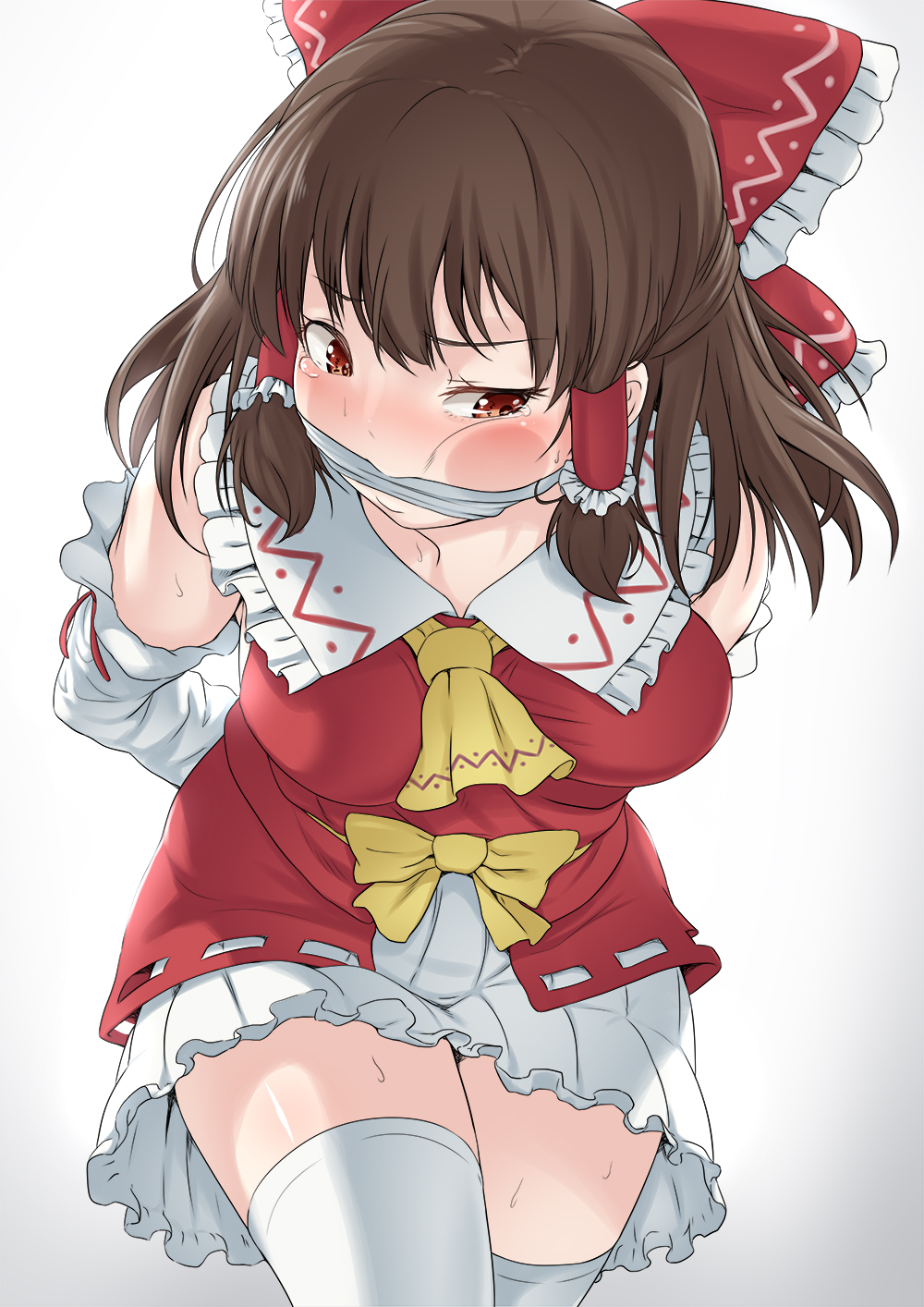 anoni-chan arms_behind_back ascot bdsm bondage bound bow breasts brown_hair cloth_gag commentary detached_sleeves english_commentary gag hair_bow hair_tubes hakurei_reimu highres improvised_gag large_breasts leaning_forward red_eyes solo sweat thighhighs touhou white_legwear zettai_ryouiki
