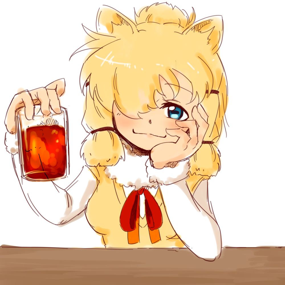 370ml alpaca_ears alpaca_suri_(kemono_friends) animal_ears blonde_hair blue_eyes cup drinking_glass fur-trimmed_sleeves fur_collar fur_trim hair_over_one_eye hand_on_own_cheek hands_up head_rest head_tilt holding holding_cup horizontal_pupils kemono_friends long_sleeves looking_at_viewer medium_hair ribbon simple_background smile solo sweater upper_body white_background
