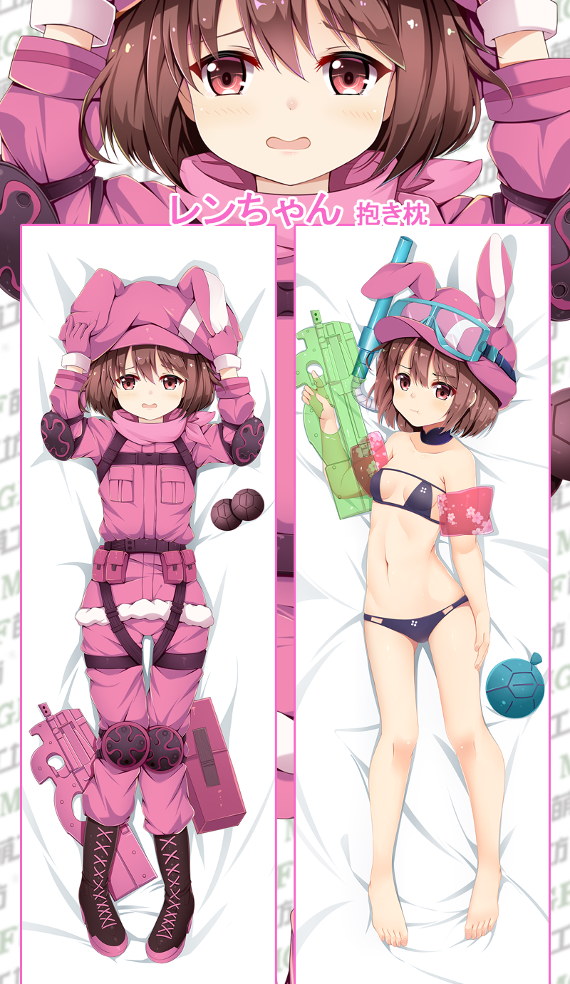 :t animal_hat arm_up arms_up bangs bare_legs barefoot bed_sheet bikini black_bikini black_footwear blush boots breasts brown_hair bullpup bunny_hat closed_mouth collarbone commentary_request cross-laced_footwear dakimakura eyebrows_visible_through_hair fingernails fur-trimmed_jacket fur_trim gloves goggles goggles_on_headwear gun hair_between_eyes hands_on_headwear hat highres holding inflatable_armbands jacket lace-up_boots llenn_(sao) long_sleeves lying menggongfang multiple_views navel on_back p-chan_(p-90) p90 pants parted_lips pink_gloves pink_hat pink_jacket pink_pants pout red_eyes short_hair small_breasts snorkel submachine_gun swimsuit sword_art_online sword_art_online_alternative:_gun_gale_online trigger_discipline weapon