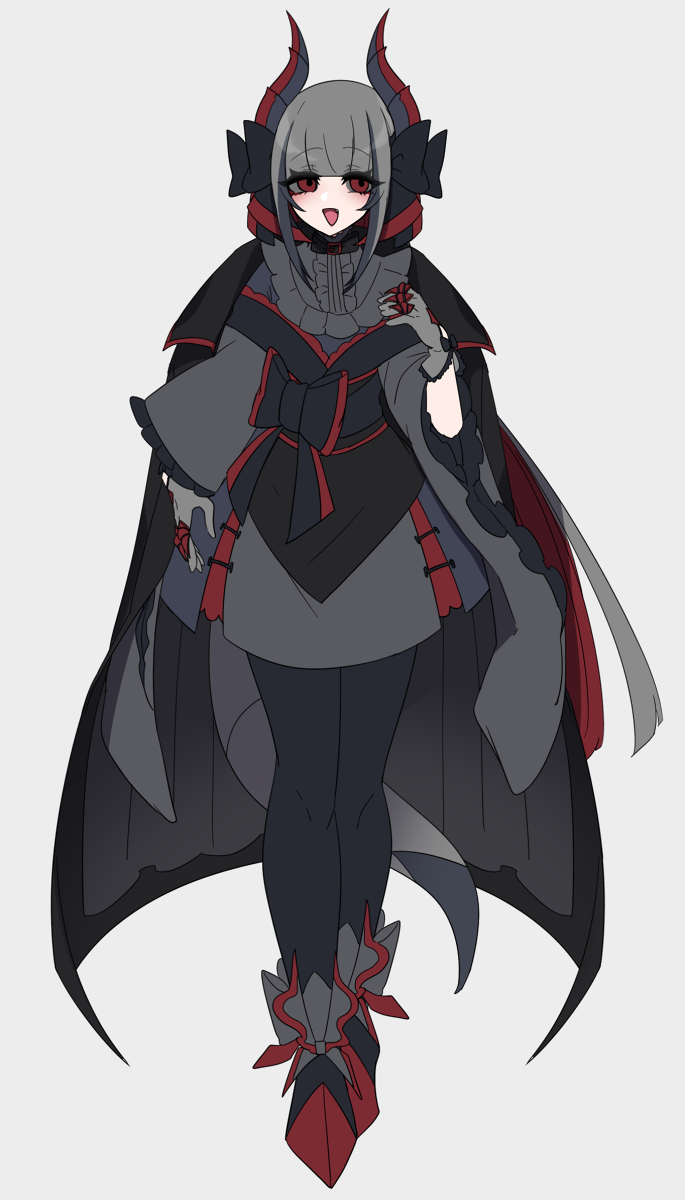 :d alternate_color black_bow black_hair black_legwear black_ribbon bow dragon_girl dragon_horns dragon_tail dress empty_eyes eyebrows eyebrows_visible_through_hair eyelashes frilled_sleeves frills full_body gen_5_pokemon gloves grey_gloves grey_hair grey_sclera hair_ribbon hand_up haxorus highres hime_(ohime_pkg) horns legs_together long_sleeves multicolored_hair open_mouth overskirt pantyhose personification pokemon red_eyes ribbon sash shiny_pokemon short_hair silver_background smile solo tail two-tone_hair wide_sleeves