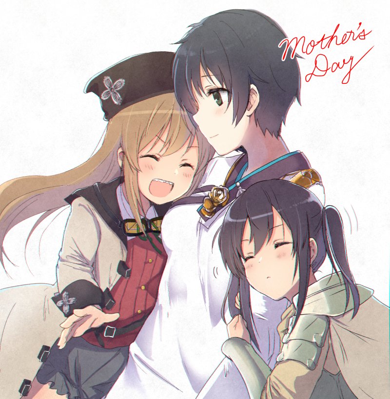 arm_hug black_hair black_skirt brown_hair cape closed_eyes coat commentary_request crook_morphus el_mofus_(rance_10) goggles goggles_around_neck green_eyes hat long_hair miton_(ton321) mother_and_daughter multiple_girls open_mouth rance_(series) rance_10 short_hair simple_background skirt twintails white_background
