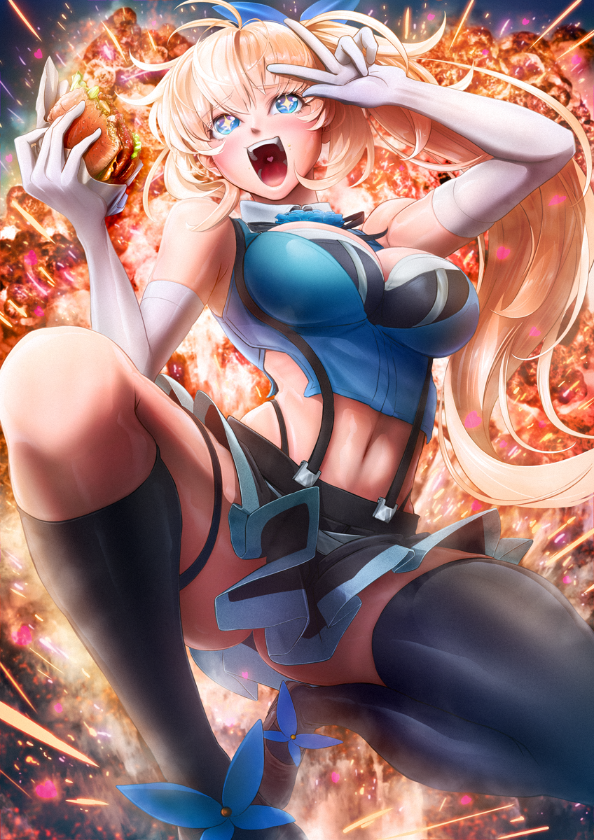ass blonde_hair blue_eyes breasts cleavage commentary_request eating elbow_gloves explosion food gloves hair_ribbon hamburger heart highres imizu_(nitro_unknown) miniskirt mirai_akari mirai_akari_project navel open_mouth ribbon side_ponytail skirt thighhighs uvula v virtual_youtuber white_gloves