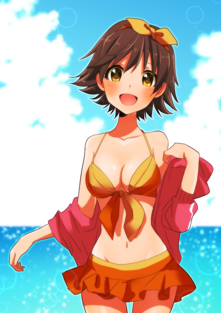 :d ako_(antoraacoyu0214) bangs bikini bikini_skirt blurry blurry_background breasts brown_eyes brown_hair circle cleavage cloud cloudy_sky cowboy_shot day depth_of_field front-tie_bikini front-tie_top hair_ribbon honda_mio idolmaster idolmaster_cinderella_girls jacket long_sleeves looking_at_viewer medium_breasts navel off_shoulder open_mouth orange_bikini orange_ribbon orange_skirt outdoors pink_jacket ribbon short_hair skirt sky smile solo standing swimsuit