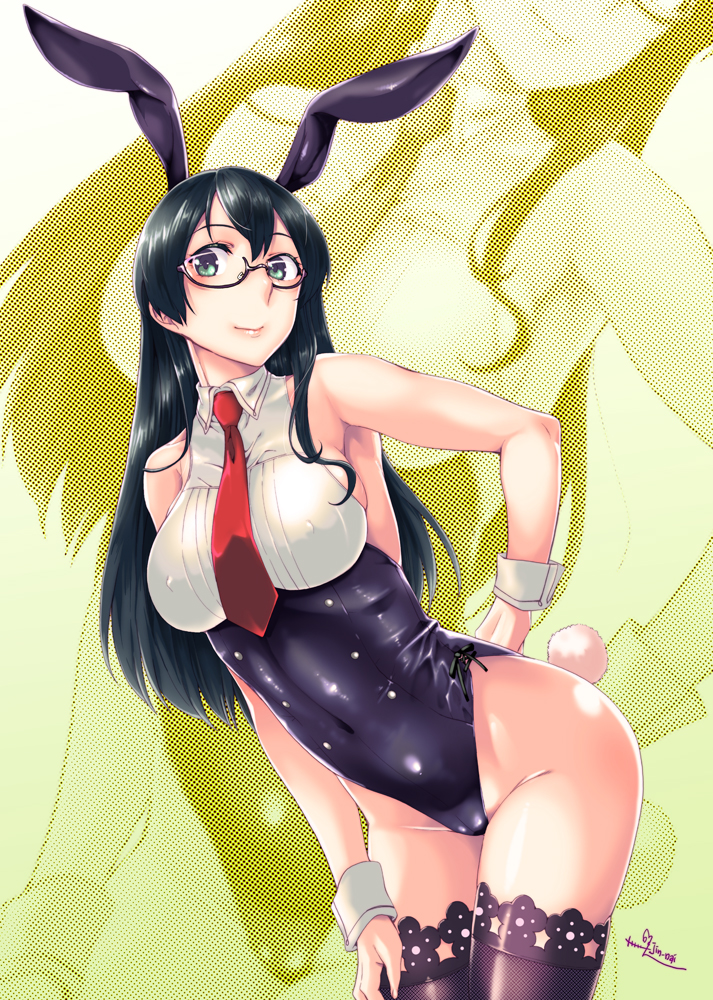 alternate_breast_size animal_ears black_hair black_legwear black_leotard breasts bunny_ears bunny_girl bunny_tail commentary_request covered_nipples glasses green_background jin_nai kantai_collection large_breasts leaning_forward leotard long_hair looking_at_viewer necktie ooyodo_(kantai_collection) red_neckwear semi-rimless_eyewear shiny shiny_clothes shiny_hair shiny_skin shirt sleeveless solo tail thighhighs under-rim_eyewear white_shirt wrist_cuffs zoom_layer
