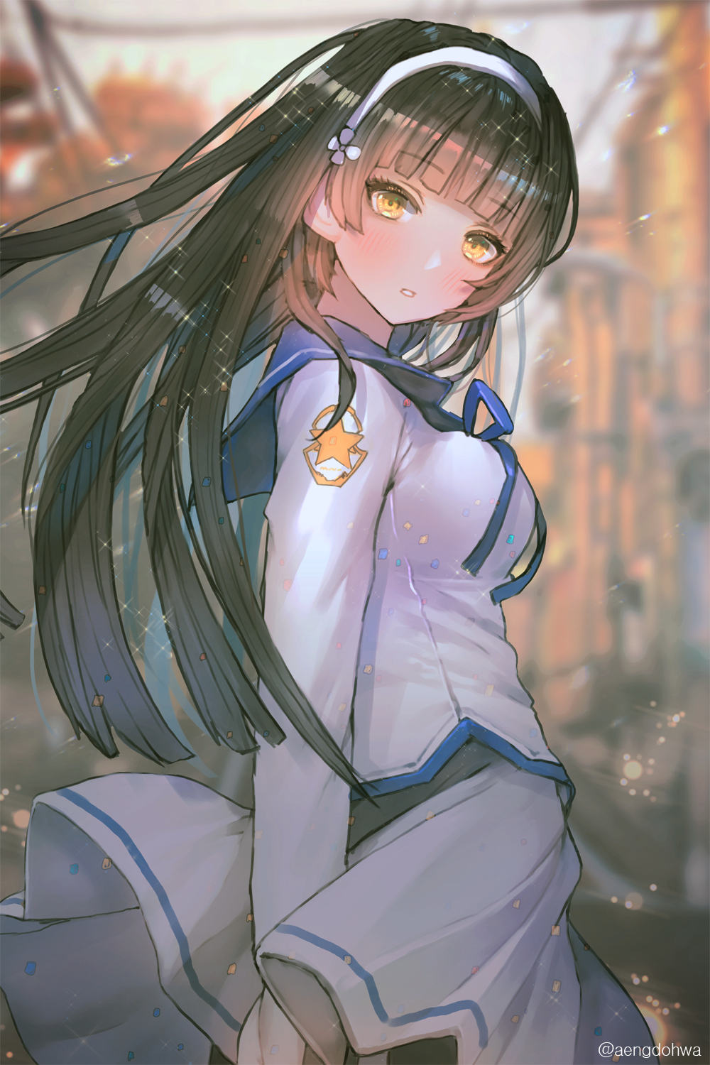 alternate_costume arm_at_side arm_behind_back bangs black_hair black_legwear blue_ribbon blunt_bangs blurry blush breasts cityscape confetti depth_of_field eyebrows_visible_through_hair floating_hair flower from_side girls_frontline hair_flower hair_ornament hairband hanato_(seonoaiko) head_tilt highres large_breasts long_hair long_sleeves looking_at_viewer neck_ribbon pantyhose parted_lips qbz-95_(girls_frontline) ribbon school_uniform semi-rimless_eyewear shirt sidelocks skirt solo sparkle twitter_username white_hairband white_shirt white_skirt wind wind_lift yellow_eyes