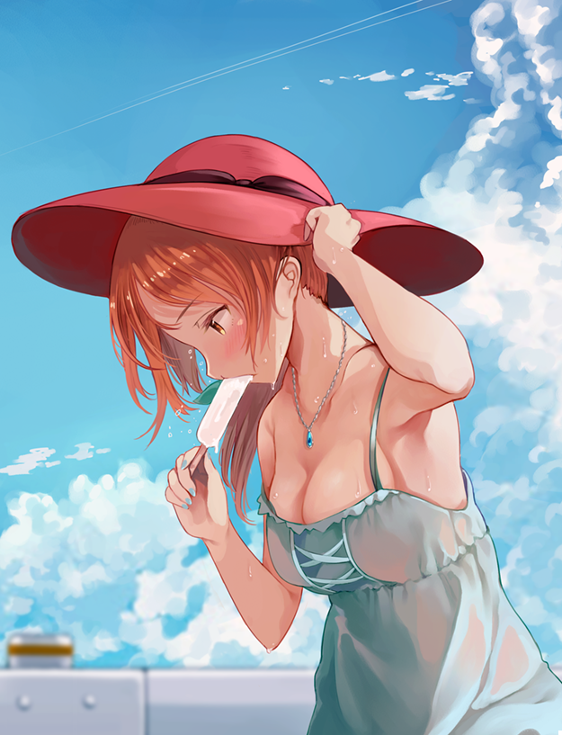 arm_up armpits bangs blue_dress blurry blush breasts cleavage cloud cloudy_sky commentary_request day depth_of_field dress food from_side hat heri houjou_karen idolmaster idolmaster_cinderella_girls jewelry leaning_forward long_hair medium_breasts melting nail_polish necklace orange_eyes orange_hair popsicle profile red_hat sky solo sweat upper_body