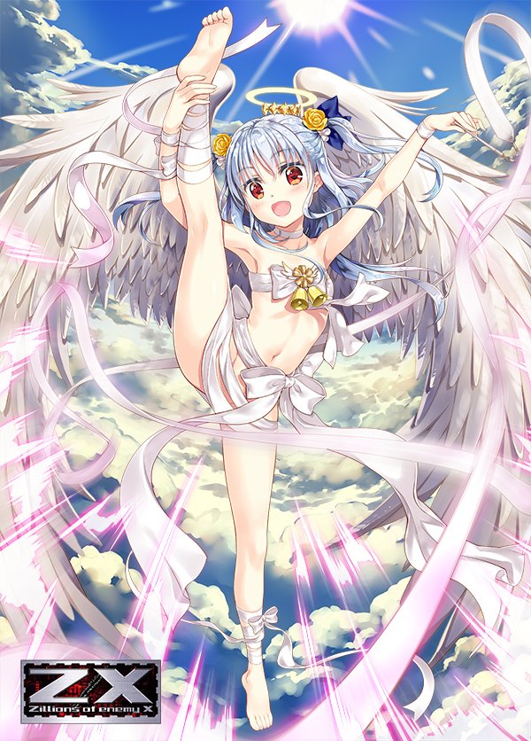 :d angel angel_wings armpits arms_up barefoot bell blue_hair bow character_request cloud commentary_request convenient_censoring flat_chest flower fujima_takuya groin gymnastics gymnastics_ribbon hair_flower hair_ornament halo jingle_bell legs long_hair naked_ribbon navel no_panties nude open_mouth red_eyes rhythmic_gymnastics ribbon sky smile solo split spread_legs standing standing_on_one_leg standing_split sun two_side_up wings z/x