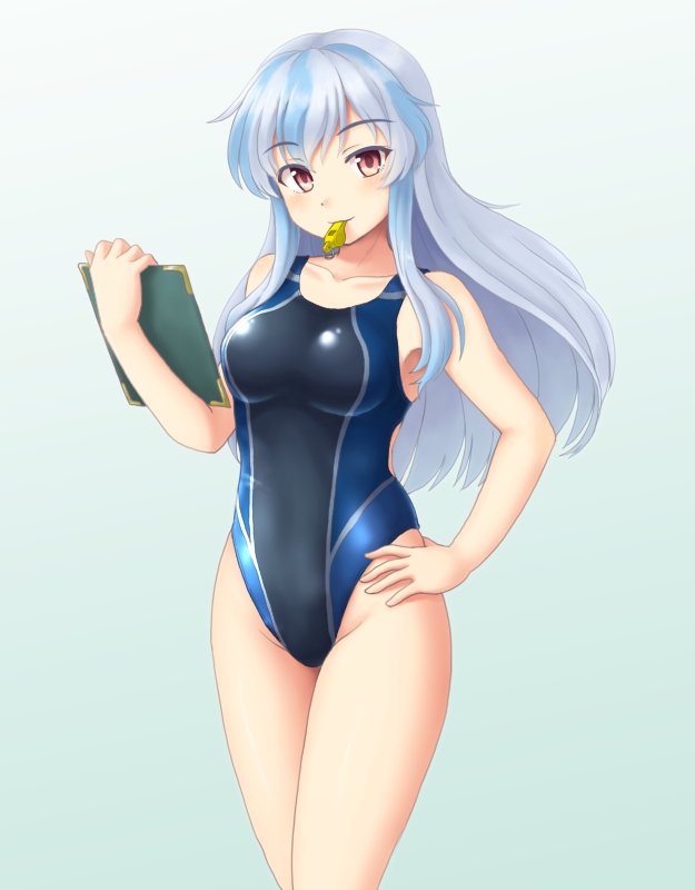 armpits bangs bare_legs blue_hair blush breasts clipboard collarbone commentary competition_swimsuit covered_navel groin hand_on_hip holding holding_clipboard isaki_(gomi) kamishirasawa_keine long_hair looking_at_viewer multicolored_hair one-piece_swimsuit red_eyes sidelocks silver_hair smile solo swimsuit touhou two-tone_hair whistle