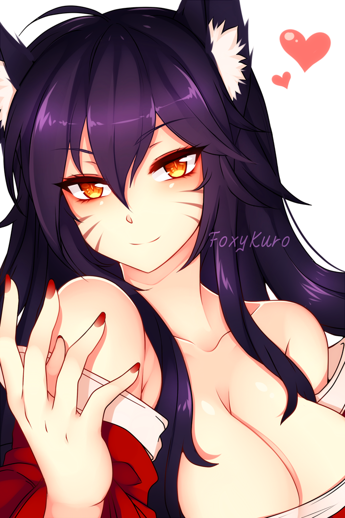ahri animal_ears bare_shoulders black_hair breasts cleavage collarbone detached_sleeves facial_mark fingernails fox_ears fox_girl heart korean_clothes kuro_kitsune large_breasts league_of_legends long_fingernails long_hair looking_at_viewer simple_background slit_pupils solo whisker_markings white_background yellow_eyes