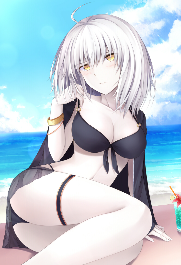 adapted_costume ahoge ass bangle bangs beach bikini black_bikini blue_sky blush bracelet breasts cleavage closed_mouth cloud cloudy_sky commentary_request cup day drinking_glass drinking_straw eyebrows_visible_through_hair fate/grand_order fate_(series) jeanne_d'arc_(alter)_(fate) jeanne_d'arc_(fate)_(all) jewelry kanpyou_(hghgkenfany) looking_at_viewer mat ocean outdoors pale_skin short_hair silver_hair sitting sky solo swimsuit yellow_eyes yokozuwari