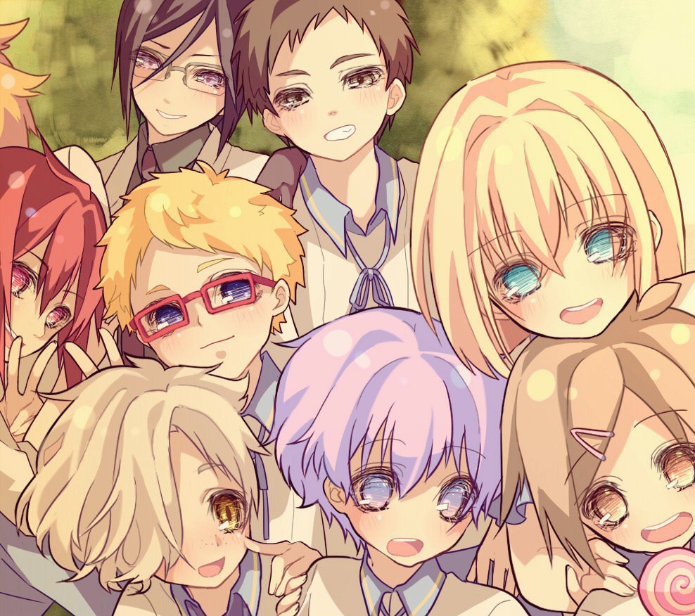 :d akita_toushirou alternate_eye_color atsushi_toushirou black_hair blonde_hair blue_eyes brown_eyes candy food freckles glasses gokotai grey_eyes grin hair_ornament hair_over_one_eye hairclip hakata_toushirou hand_on_another's_shoulder houchou_toushirou lollipop male_focus midare_toushirou multiple_boys necktie open_mouth otone_(sznr-otn-goth) pink_hair purple_eyes red-framed_eyewear red_eyes red_hair shinano_toushirou smile touken_ranbu v yagen_toushirou yellow_eyes