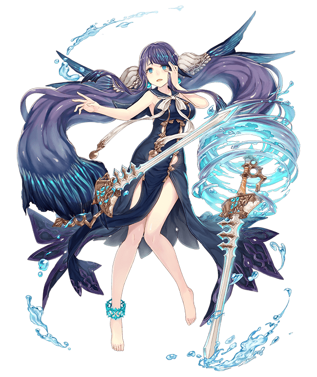anklet aqua_eyes barefoot dual_wielding eyebrows_visible_through_hair fins floating_swords full_body hand_on_own_cheek holding jewelry ji_no long_hair ningyo_hime_(sinoalice) official_art purple_hair sailor_collar sinoalice solo sword transparent_background very_long_hair water weapon
