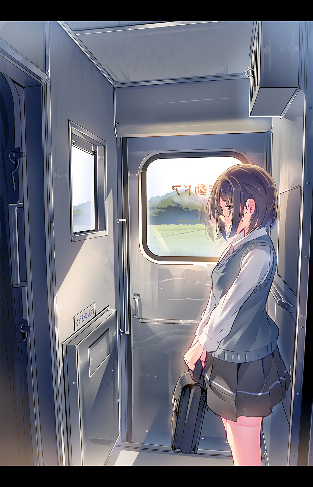 bag breasts cardigan commentary_request daito from_side ground_vehicle highres holding loafers long_sleeves original pleated_skirt school_bag school_uniform shoes skirt solo standing train train_interior uniform window