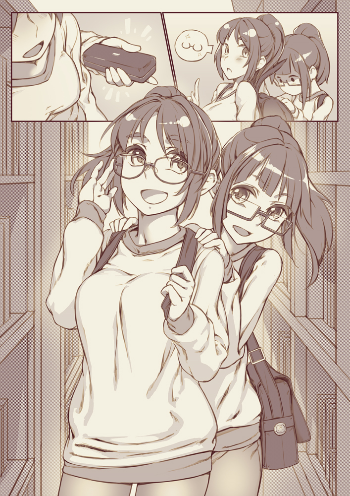 :d adjusting_eyewear backpack bag bangs book bookshelf breasts buckle comic commentary cowboy_shot eyebrows_visible_through_hair glasses hand_up hands_on_another's_shoulders head_tilt high_ponytail holding holding_strap index_finger_raised indoors library long_hair long_sleeves looking_at_another looking_back medium_breasts monochrome multiple_girls open_mouth original pantyhose ponytail rotix school_bag semi-rimless_eyewear shiny shiny_hair shirt shoulder_bag sidelocks silent_comic smile sparkle spoken_object standing
