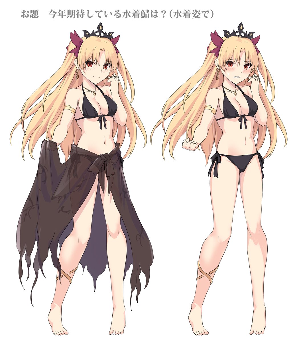 bangs barefoot bikini black_bikini blonde_hair breasts character_chart commentary_request ereshkigal_(fate/grand_order) fate/grand_order fate_(series) front-tie_top full_body highres long_hair medium_breasts parted_bangs red_eyes sarong shiseki_hirame side-tie_bikini simple_background solo standing swimsuit tiara translation_request two_side_up white_background