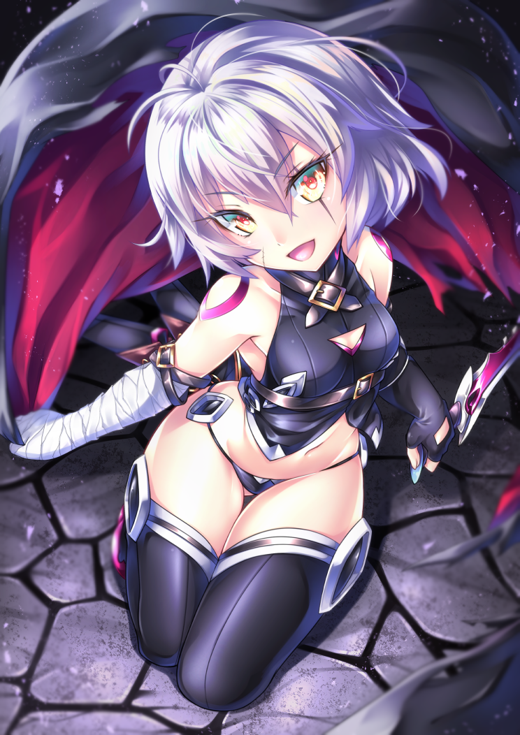 arm_belt ass_visible_through_thighs bandaged_arm bandages belt black_belt black_legwear breasts commentary dagger facial_scar fate/apocrypha fate_(series) fingerless_gloves gloves jack_the_ripper_(fate/apocrypha) knife lowleg lowleg_panties miyabi_urumi open_mouth orange_eyes panties scar scar_across_eye scar_on_cheek short_hair shoulder_tattoo silver_hair single_glove small_breasts solo tattoo thighhighs underwear weapon