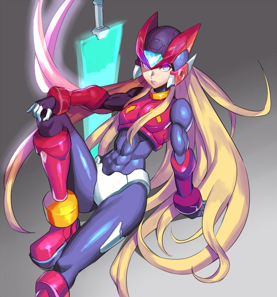 abs androgynous android arm_support bad_id bad_twitter_id beam_saber blonde_hair blue_eyes bodysuit boots breasts energy_blade energy_sword forehead_jewel genderswap genderswap_(mtf) grey_background hand_on_own_knee helmet leaning_back lips long_hair looking_at_viewer medium_breasts on_ground red_footwear rockman rockman_zero sitting skin_tight solo sword ukimukai very_long_hair weapon zero_(rockman)