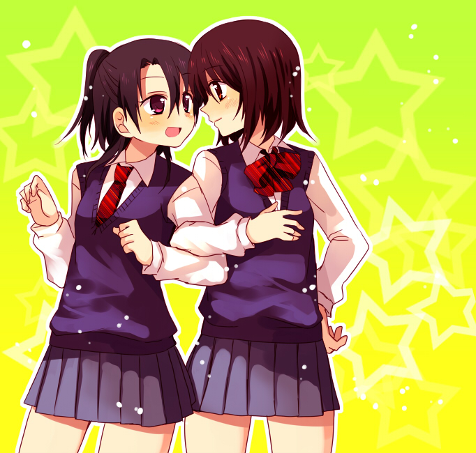:d bangs brown_eyes brown_hair closed_mouth eyebrows_visible_through_hair hachiko_(hati12) hair_between_eyes hand_on_hip locked_arms long_sleeves looking_at_another multiple_girls open_mouth original pink_shirt pleated_skirt profile purple_skirt red_neckwear school_uniform shirt short_hair skirt smile sweater_vest yellow_background yuri