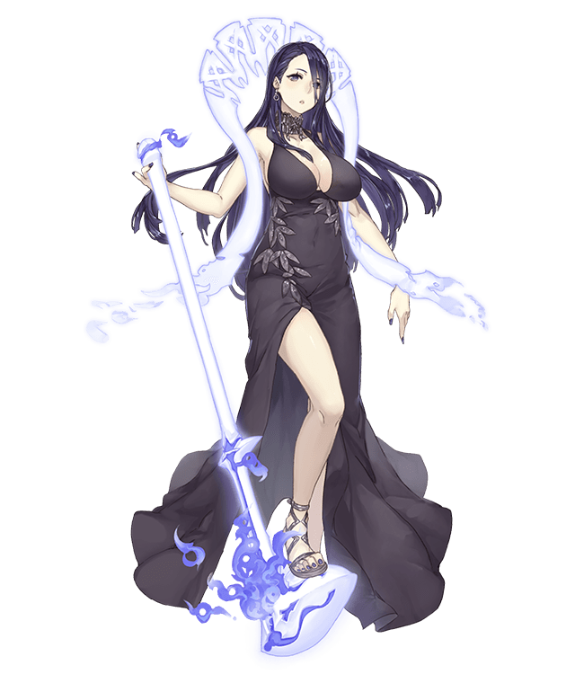 asymmetrical_bangs asymmetrical_hair bangs black_hair breasts contemporary dress earrings full_body grey_eyes jewelry ji_no kaguya_hime_(sinoalice) large_breasts long_hair looking_at_viewer microphone nail_polish official_art sandals singer sinoalice solo transparent_background