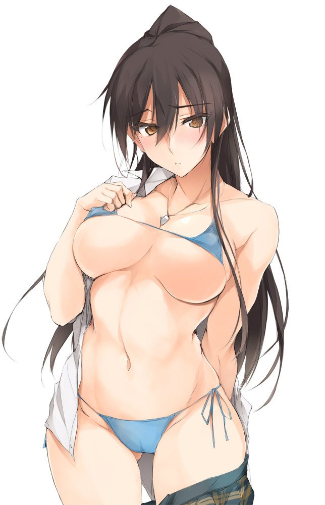 ass_visible_through_thighs bikini blue_bikini blush breasts brown_eyes brown_hair cameltoe collarbone commentary_request dog_tags idolmaster idolmaster_shiny_colors large_breasts micro_bikini open_clothes open_shirt ponytail revision school_uniform shirase_sakuya side-tie_bikini skindentation skirt skirt_pull solo stomach swimsuit thigh_gap undressing zekkyon