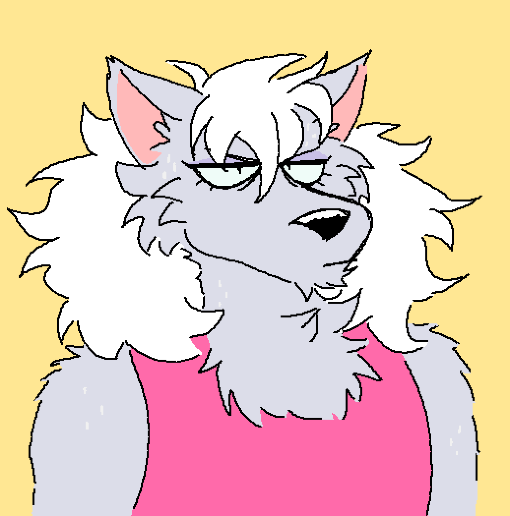 anthro bad_hair_day canine clothing doopcity female hair mammal pink_shirt pretty_cure reaction_image shirt simple_background solo tank_top white_hair wolf wolfrun yellow_background