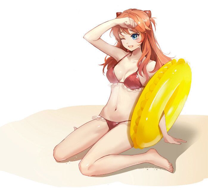 alternate_costume arm_support arm_up bangs barefoot beach bikini blue_eyes blush breasts breasts_apart cleavage clenched_hand collarbone day feet frilled_bikini frills full_body groin hair_ornament hair_over_shoulder hand_on_own_forehead hip_bones holding holding_innertube innertube jpeg_artifacts leaning_back long_hair looking_away medium_breasts navel neon_genesis_evangelion on_ground one_eye_closed open_mouth orange_hair outdoors raised_eyebrows red_bikini sand satsu_(satsusha) see-through shadow sideboob simple_background sitting smile solo souryuu_asuka_langley string_bikini summer sweat swimsuit two_side_up wariza white_background yellow_innertube