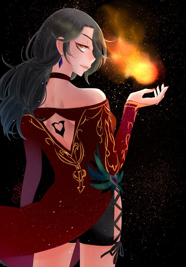 black_hair cinder_fall commentary_request dress earrings fire jewelry looking_back magic nail_polish red_dress rwby solo star starry_background tanoshihana yellow_eyes