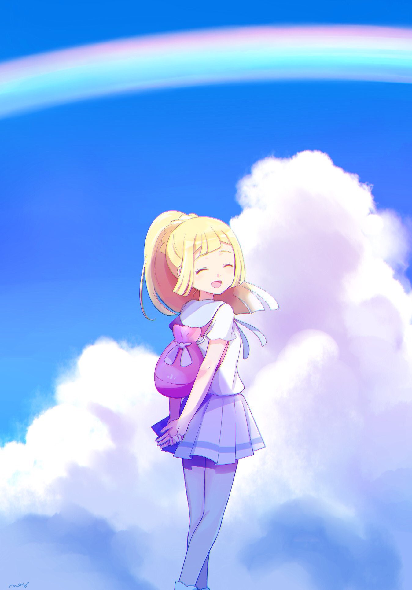 arms_behind_back backpack bad_id bad_twitter_id bag blonde_hair closed_eyes cloud from_behind highres lillie_(pokemon) long_hair looking_back mei_(maysroom) open_mouth pokemon pokemon_(game) pokemon_sm rainbow shirt short_sleeves skirt sky solo white_shirt white_skirt