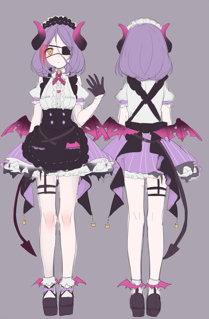 animal_ears apron bat_ears bat_wings black_apron brown_eyes cat_cutout cat_ornament demon_tail from_behind garter_straps gloves grey_background half_gloves hand_up hayasaka_mirei idolmaster idolmaster_cinderella_girls looking_at_viewer misumi_(macaroni) puffy_short_sleeves puffy_sleeves purple_footwear purple_hair purple_skirt shirt short_hair short_sleeves skirt tail torn_wings white_legwear white_shirt wings