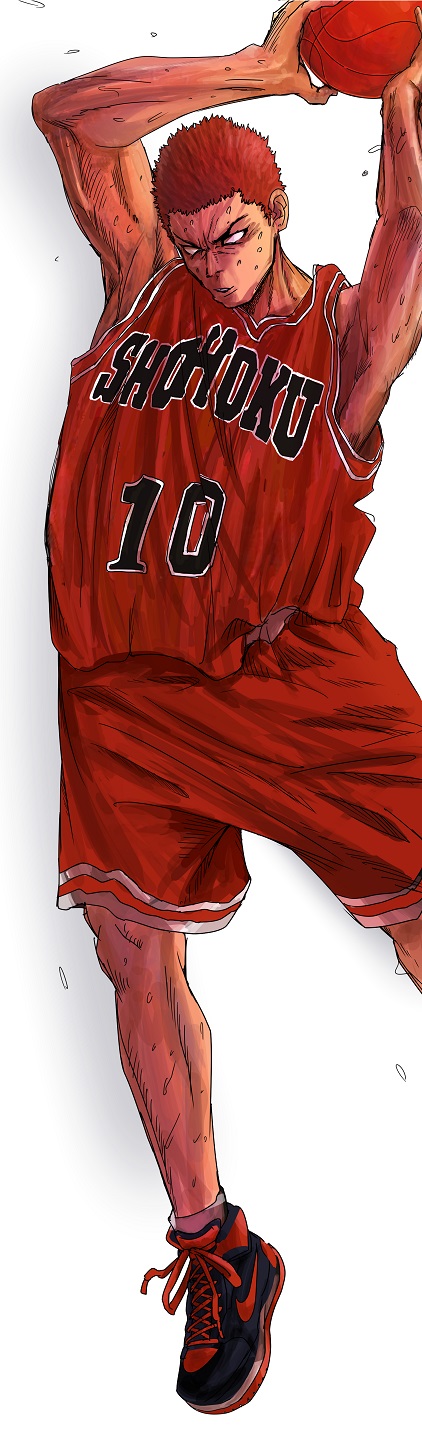 ball basketball basketball_uniform black_footwear commentary_request doitsuken highres holding holding_ball jersey jumping male_focus nike number pants red_hair red_pants red_shirt sakuragi_hanamichi shadow shirt shoes shorts simple_background slam_dunk sleeveless solo sportswear sweat white_background