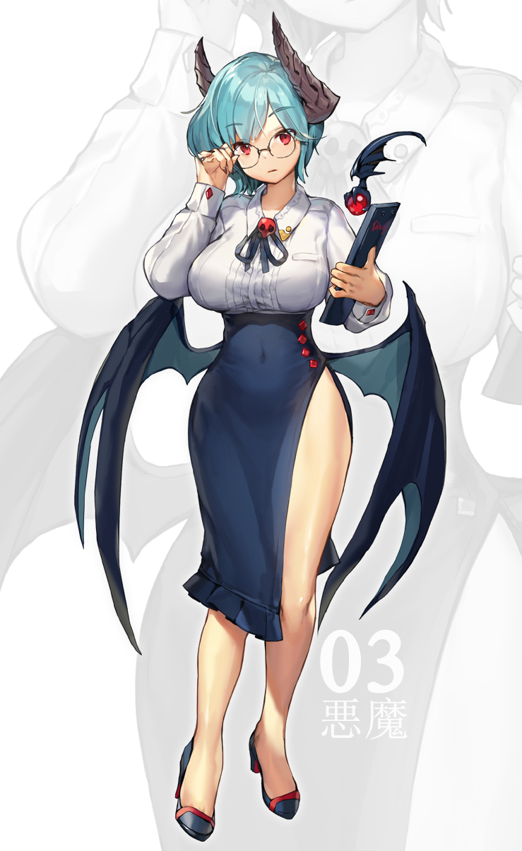 adjusting_eyewear bangs blue_hair breasts covered_navel eyebrows_visible_through_hair full_body glasses hand_up high_heels highres horns large_breasts office_lady original red_eyes short_hair solo standing whoisshe wings zoom_layer