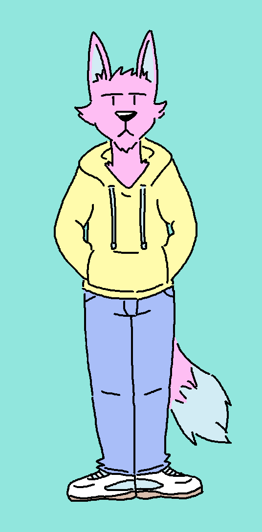 anthro blue_background blue_pants canine clothing doopcity gray_shoes hoodie mammal simple_background solo wolf yellow_clothing
