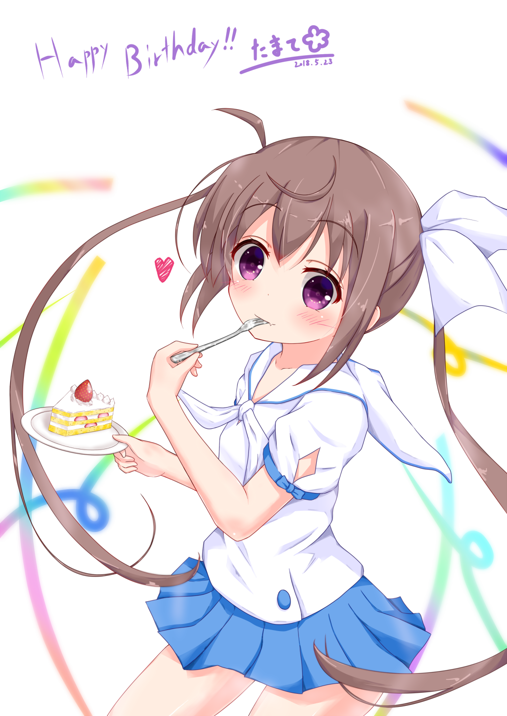 bangs blue_bow blue_skirt blush bow brown_hair closed_mouth collarbone commentary dated eyebrows_visible_through_hair fang fang_out fork fork_in_mouth hair_between_eyes hair_bow happy_birthday head_tilt heart highres holding holding_fork holding_plate long_hair looking_at_viewer mafu_makura momochi_tamate plate pleated_skirt puffy_short_sleeves puffy_sleeves purple_eyes sailor_collar school_uniform serafuku shirt short_sleeves sidelocks skirt slow_start smile solo twintails very_long_hair white_background white_bow white_sailor_collar white_shirt