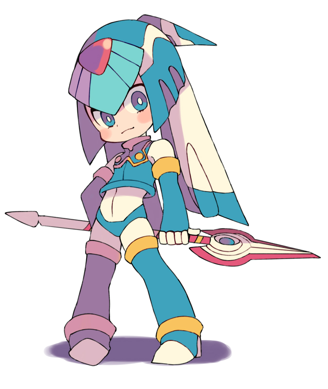 android blue_eyes blue_gloves blue_hair blue_legwear blue_panties blue_shirt blush bodysuit bright_pupils closed_mouth crop_top elbow_gloves fingerless_gloves gloves high_heels holding holding_spear holding_weapon legs_apart leviathan_(rockman) long_hair miyata_(lhr) multicolored_hair panties polearm rockman rockman_zero shadow shirt sleeveless sleeveless_shirt smile solo spear standing thighhighs turtleneck twintails two-tone_hair underwear weapon white_bodysuit white_hair white_pupils