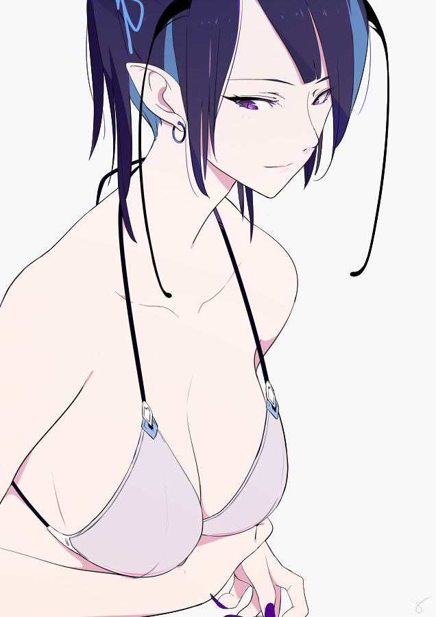 bare_shoulders bikini breasts cleavage collarbone commentary earrings grey_bikini jewelry looking_at_viewer nail_polish original pointy_ears purple_eyes purple_hair purple_nails simple_background smile sohin solo swimsuit white_background