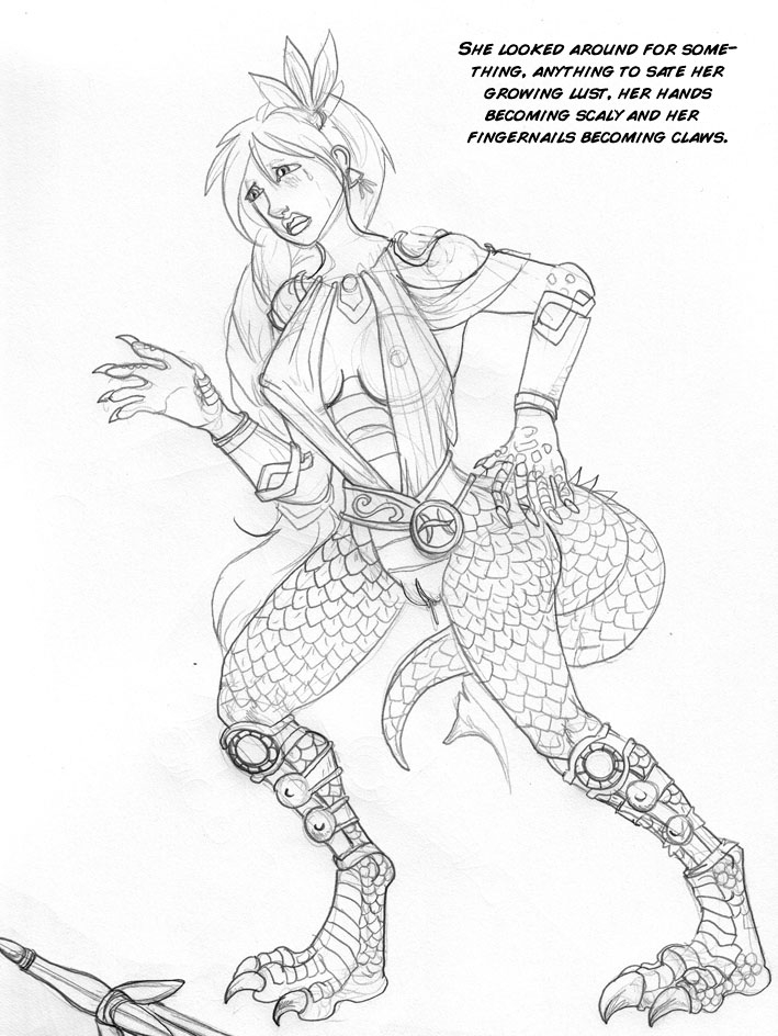 3_toes arania bracelet braided_hair breasts claws ear_piercing english_text erect_nipples female hair hair_ornament jewelry lizard long_hair melee_weapon nipples open_mouth piercing pussy pussy_juice reptile scalie solo sophitia_alexandra soul_calibur surprise sword text toe_claws toes transformation tunic weapon