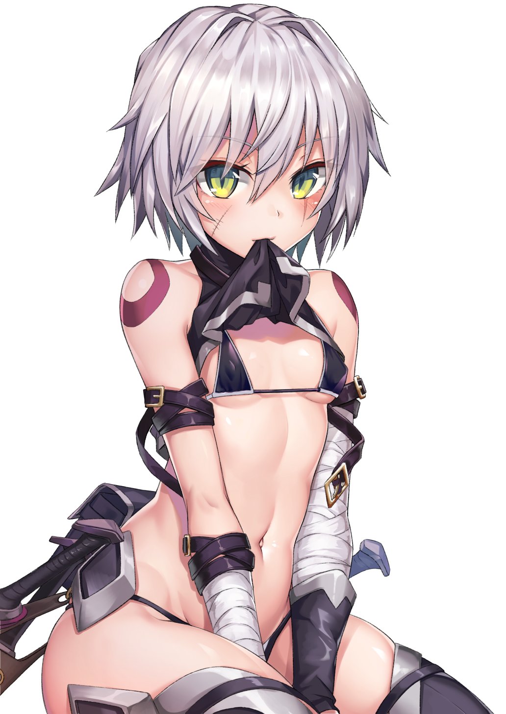 bandaged_arm bandages bangs bikini black_bikini black_legwear blush breasts closed_mouth commentary facial_scar fate/apocrypha fate/grand_order fate_(series) green_eyes hair_between_eyes highres jack_the_ripper_(fate/apocrypha) looking_at_viewer mouth_hold navel scar scar_across_eye scar_on_cheek short_hair shuutou_haruka silver_hair simple_background sitting small_breasts solo swimsuit thighhighs white_background