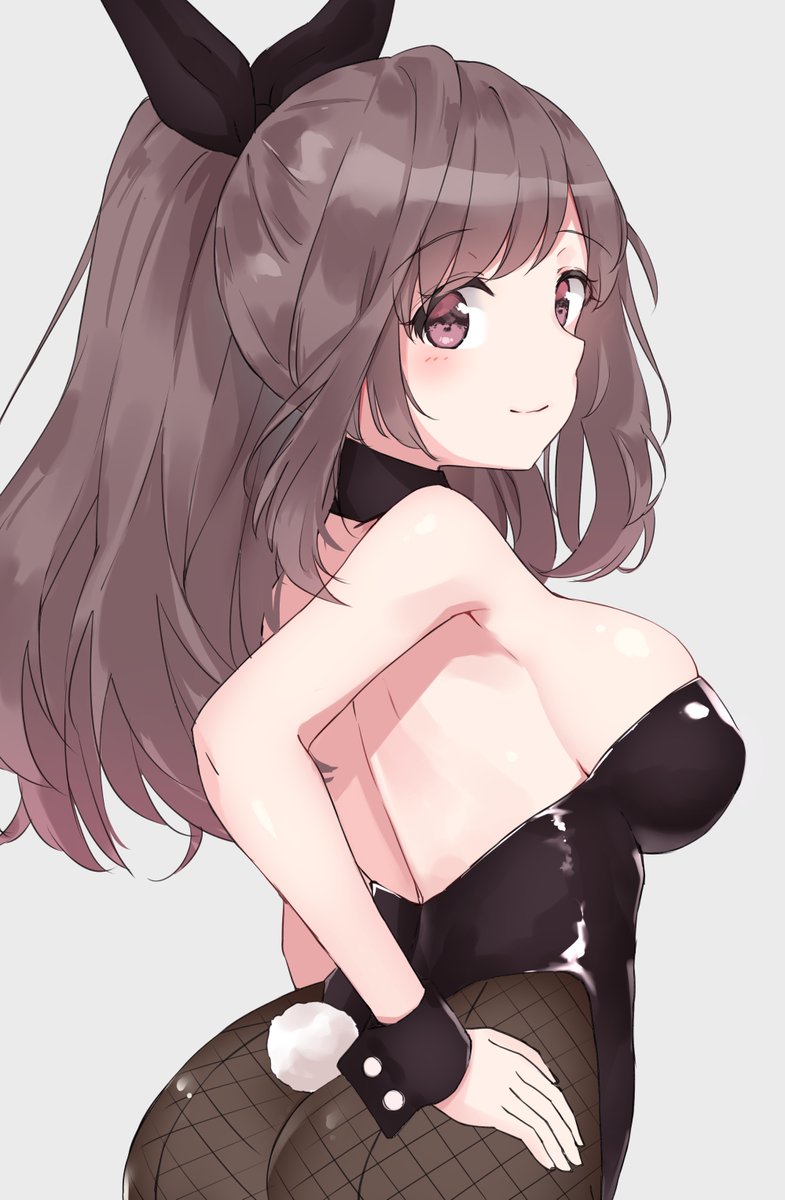ass back backless_outfit bangs bare_back bare_shoulders black_legwear black_leotard black_ribbon blush breasts brown_eyes brown_hair bunny_tail bunnysuit closed_mouth cowboy_shot eyebrows_visible_through_hair fishnet_pantyhose fishnets from_side grey_background hair_ribbon hand_on_hip highres idolmaster idolmaster_shiny_colors large_breasts leotard long_hair looking_at_viewer looking_back minikon pantyhose parted_bangs ponytail profile ribbon sideboob sidelocks simple_background skindentation smile solo standing strapless strapless_leotard tail thong_leotard tsukioka_kogane wide_ponytail wrist_cuffs