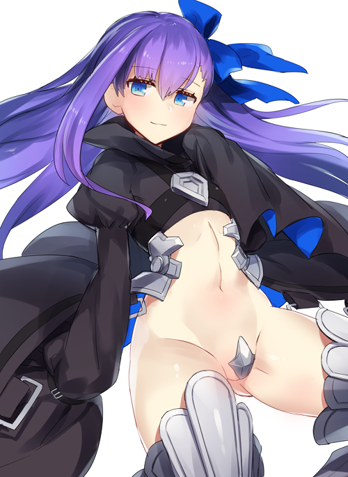 armored_boots bangs black_coat blue_ribbon blush boots crotch_plate eyebrows_visible_through_hair fate/extra fate/extra_ccc fate_(series) hair_between_eyes hair_ribbon hips juliet_sleeves long_hair long_sleeves looking_at_viewer maebari meltlilith navel puffy_sleeves purple_hair revealing_clothes ribbon simple_background sleeves_past_wrists smile solo thighs very_long_hair white_background yamaarashi