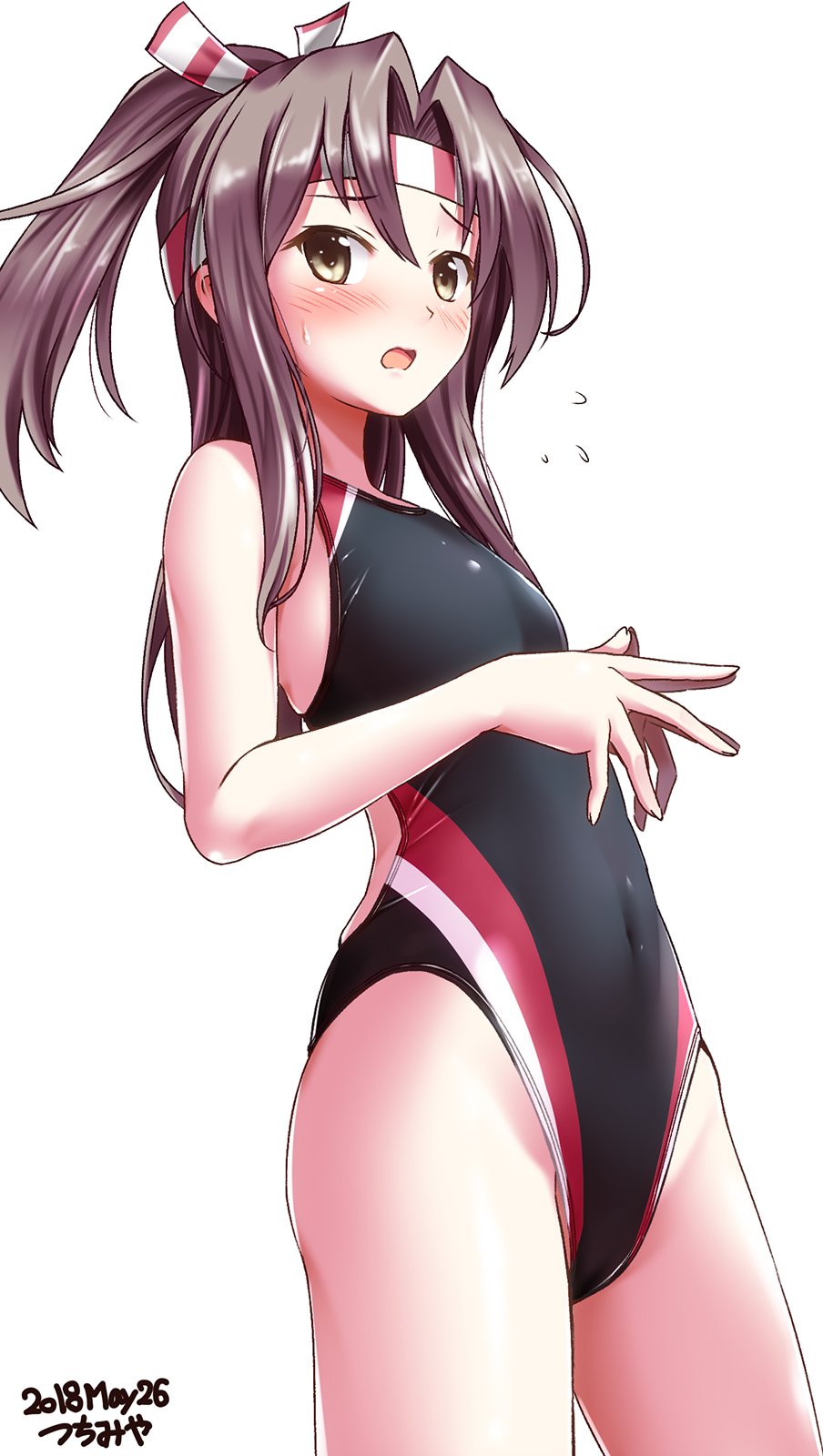 artist_name black_swimsuit brown_eyes competition_swimsuit covered_navel cowboy_shot dated fingers_together flying_sweatdrops grey_hair hachimaki headband high_ponytail highres kantai_collection long_hair looking_at_viewer one-piece_swimsuit open_mouth signature simple_background solo swimsuit tsuchimiya white_background zuihou_(kantai_collection)