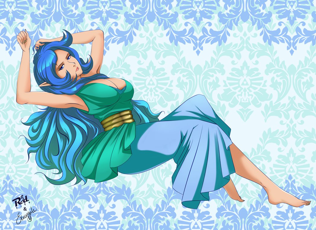 angry barefoot blue_eyes blue_hair breasts dress feet jewelry long_hair lots_of_jewelry lying nail_polish nayru pointy_ears r3dfive the_legend_of_zelda