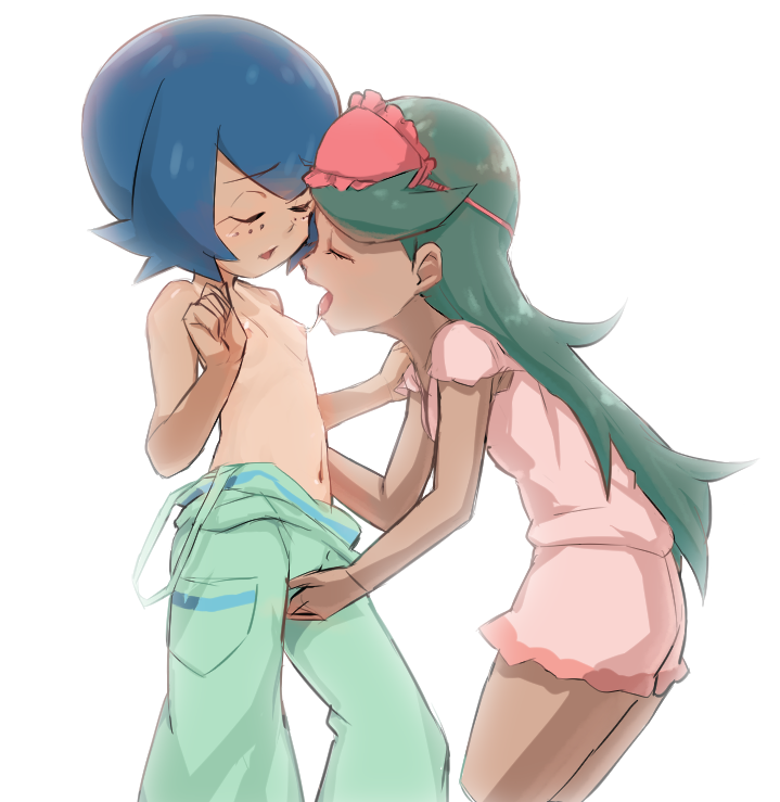 areolae bangs bent_over blue_hair breasts closed_eyes cowboy_shot cropped_legs dark_skin drooling eyebrows eyebrows_visible_through_hair facing_another fingering from_side furrowed_eyebrows green_hair hair_down leaning_forward long_hair mao_(pokemon) midriff multiple_girls navel nipples nyonn24 one-piece_tan pajamas pink_shirt pink_shorts pokemon pokemon_(anime) pokemon_sm_(anime) saliva saliva_trail shirt short_hair short_sleeves shorts simple_background sleep_mask small_breasts standing stomach suiren_(pokemon) tan tanline tongue tongue_out white_background yuri