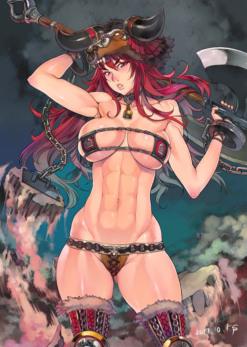2017 :o abs ass_visible_through_thighs axe boots bracelet breasts chain character_request choker collarbone cowboy_shot dated eyepatch_bikini f.s. fur genderswap genderswap_(mtf) helmet horns jewelry large_breasts lips looking_at_viewer looking_down muscle muscular_female navel red_eyes red_hair rubble sangokushi_taisen skindentation standing thigh_boots thighhighs weapon
